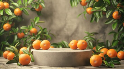 Oranges with green leaves on the background of an empty podium. Fruits around the stage.  The layout of the platform for product demonstration.  A stage showcase.