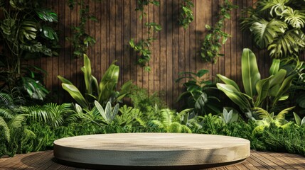 An empty podium on a wooden background of tropical plants. A platform for product demonstrations.  A stage showcase.