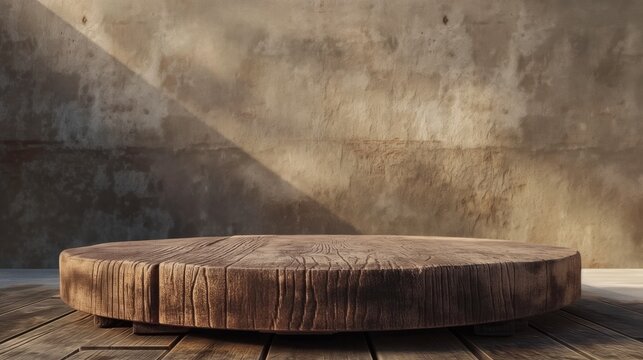 An empty wooden round podium, against the background of an old wall. A platform for product demonstrations.  A stage showcase.