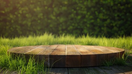 A round empty pedestal, against a background of green grass, a mock-up of a platform for product demonstration.