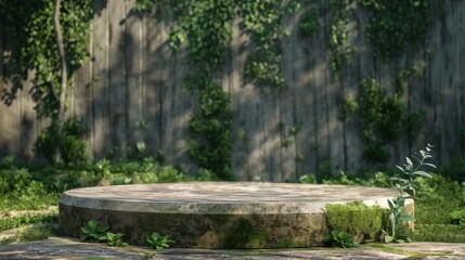 A round empty pedestal, against a background of a wooden wall and green grass, a mock-up of a platform for demonstrating products.