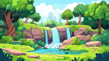 Foto op Canvas Nature panorama with cascade waterfall and waterfalls falling from stones, a lake, grass, trees, and path in a summer forest. Cartoon illustration. © Mark
