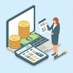 simple isometric design, businesswoman counting cost with laptop and money