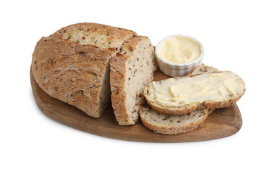 Tasty bread with butter on white background