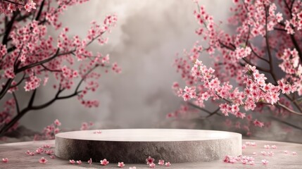 Branches with pink flowers on the background of an empty podium. Sakura blossomed in spring. White...