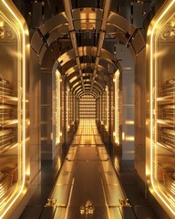 A futuristic gold vault, with advanced security systems like biometric access and laser grids, protecting piles of gold bars - obrazy, fototapety, plakaty