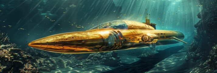 A gold smuggling submarine in a dystopian future, navigating underwater to transport illegal gold, with a stealthy design - obrazy, fototapety, plakaty