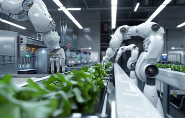 A futuristic food processing plant, where robots cook, package, and label products, epitomizing the modern culinary industry - obrazy, fototapety, plakaty