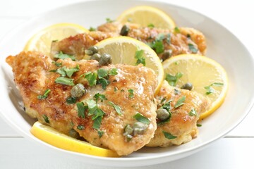 Delicious chicken piccata on white table, closeup
