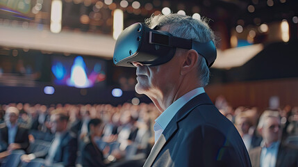 VR experience senior business manager man attend meeting wearing virtual goggle glasses standing in autitorium convention hall with crowd of business people background
