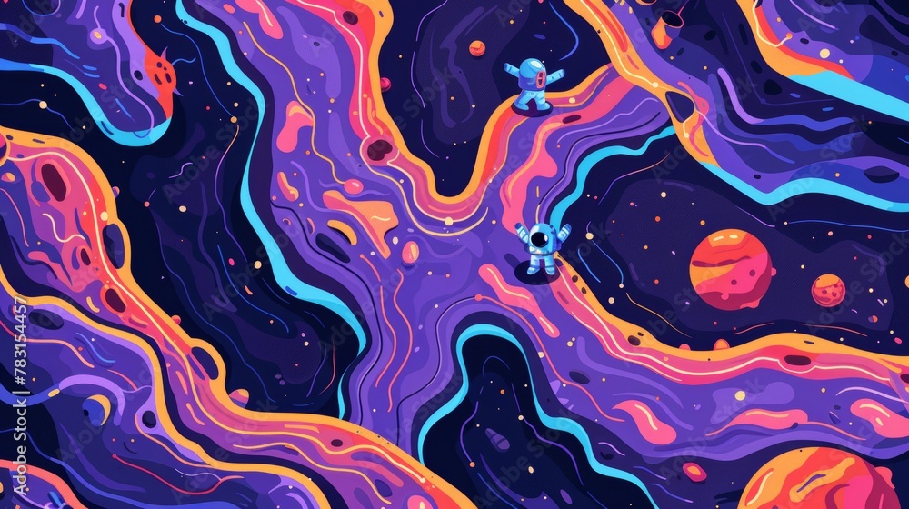 Poster spaceman and alien planet surface modern cartoon illustration ready for animation of parallax backgr