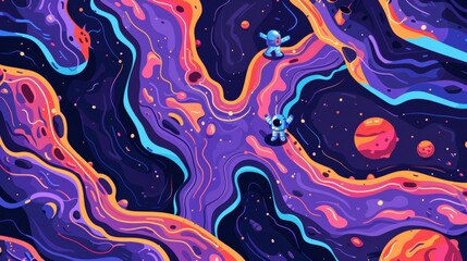 Spaceman and alien planet surface modern cartoon illustration ready for animation of parallax background of game level map with little astronaut. - obrazy, fototapety, plakaty