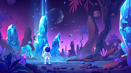 Fototapeta na wymiar The background of the game level map has a tiny astronaut and platforms with stages. The surface of an alien planet has a cute astronaut and a modern cartoon illustration ready for animation.