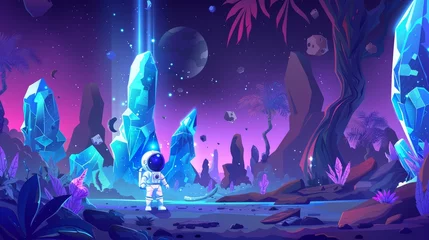 Türaufkleber The background of the game level map has a tiny astronaut and platforms with stages. The surface of an alien planet has a cute astronaut and a modern cartoon illustration ready for animation. © Mark