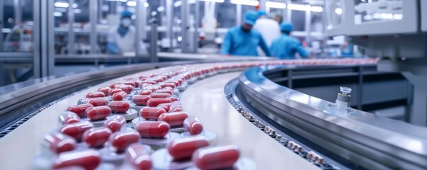 A pharmaceutical production line completely operated by robots, ensuring high standards of hygiene and efficiency in medicine manufacturing - obrazy, fototapety, plakaty