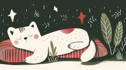 A tranquil sleep meditation concept featuring a whimsical, stylized illustration of a cute animal doodle in deep slumber, set against a serene night sky backdrop dotted with twinkling stars.