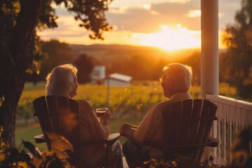 A serene scene of an elderly couple enjoying a sunset on their porch, reflecting the peace of mind from secure financial assets post-retirement