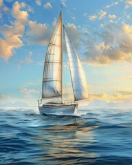 Fototapeta premium A serene depiction of a sailboat funded by diversified financial assets, sailing into the horizon of retirement