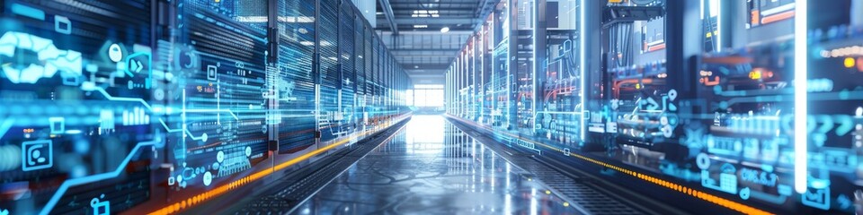 Obraz premium A smart factory floor, integrated with IoT devices, where machines self-optimize and predict maintenance needs in real-time