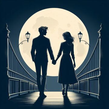 Romantic Couple on Bridge Basking in Full Moon