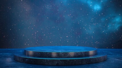 An empty round podium against the background of the starry night sky, in the galaxy.  A space showcase for displaying goods. 3D rendering.