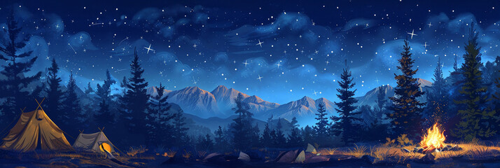 A summer camp scene with tents, campfire, and starry sky, offering an adventurous and rustic background for outdoor themes - obrazy, fototapety, plakaty