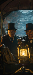 A suspenseful scene of Holmes and Watson in a carriage, examining a mysterious, ancient artifact with a lantern