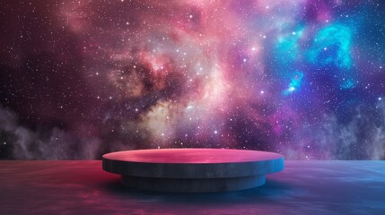 Fototapeta na wymiar An empty round podium against the background of the starry night sky, in the galaxy. A space showcase for displaying goods. 3D rendering.