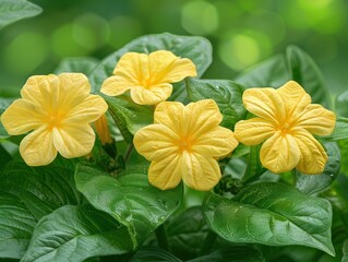 Fototapeta premium Cluster of yellow flowers surrounded by vibrant green leaves