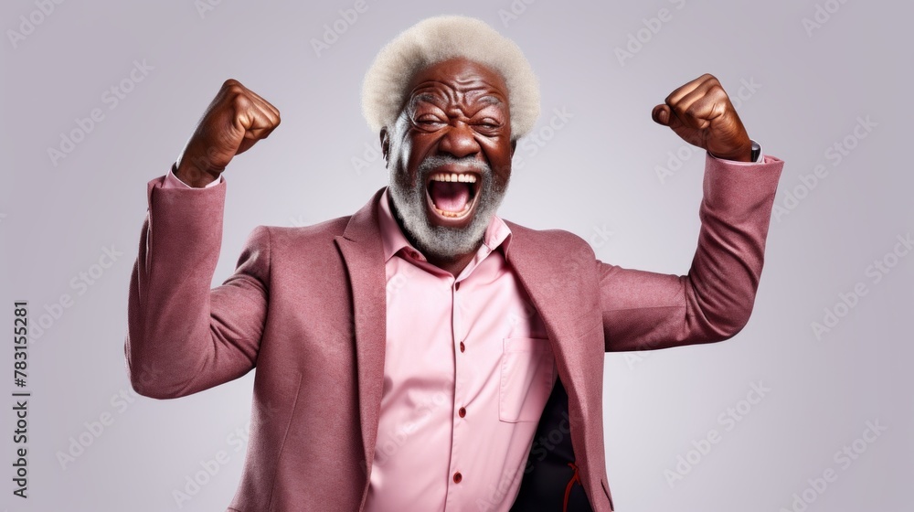 Aufkleber generative ai photo of ecstatic afro grandpa shout loud yeah fist up raise win lottery isolated whit
