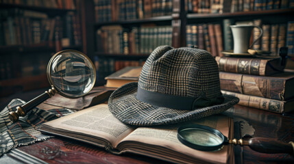 A vintage study room with Sherlock Holmes' iconic deerstalker hat resting on an open casebook, next to a magnifying glass - obrazy, fototapety, plakaty