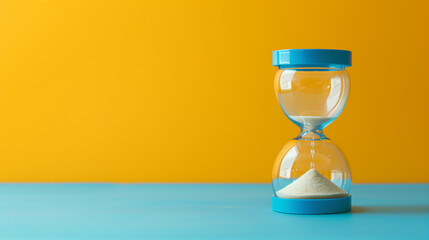 A vibrant hourglass with blue accents stands against a bold yellow background, tracking the passing of time with sand.