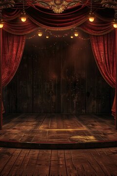 A vaudeville stage with vintage props and footlights, evoking nostalgia for a classic entertainment banner background