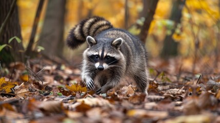 A raccoon is wandering through a forest filled with fallen leaves. The animal is strolling calmly as it explores its surroundings and forages for food.
