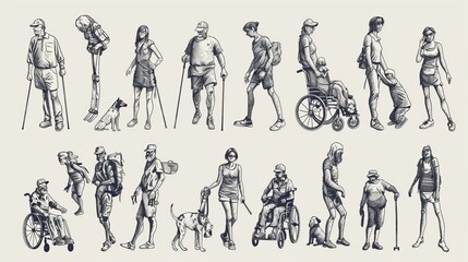 People with different disabilities. Prosthetic legs, arms, crutches, wheelchair users, blind characters with guide dogs, elderly people, black and white modern sketch illustration.