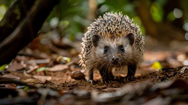A Madagascar Lesser Hedgehog Tenrec is seen walking through a forest filled with autumn leaves. The spiky mammal moves slowly among the fallen foliage, navigating its way through the woodland habitat.