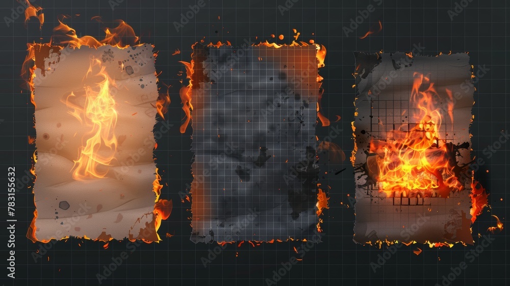 Poster smoldering notebook pages with checkered pattern and flame isolated on transparent background, moder