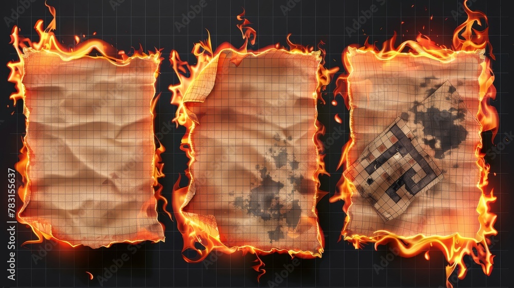 Poster modern realistic illustration of smoldering notebook pages with checked patterns and flames. smolder