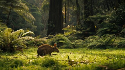 A kangaroo standing amidst dense green foliage in a forest. The kangaroo is the central focus,...
