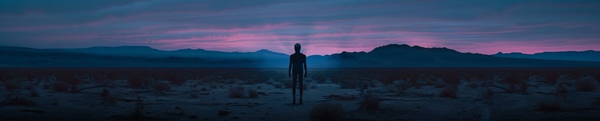 Area 51's quiet expanse, a single alien figure casting an eerie glow - obrazy, fototapety, plakaty