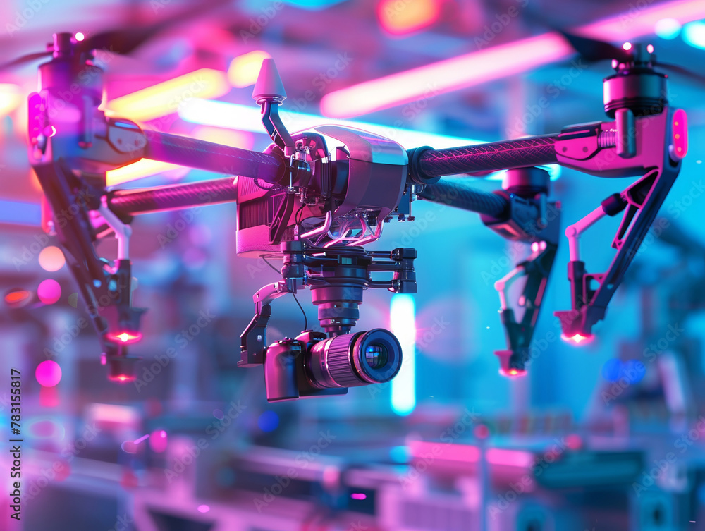 Poster close-up of a futuristic drone assembly process with high precision tools and robotic arms, in a neo