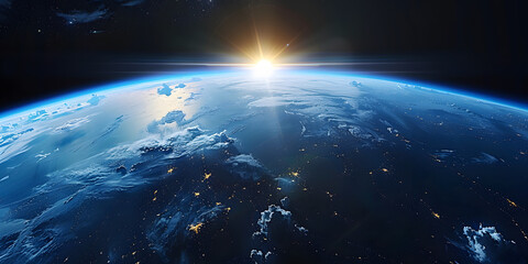 wide shot of the earth from space, blue horizon, black sky, bright sun in upper left corner, cinematic