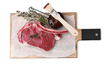 Board with raw meat, thyme and marinade isolated on white, top view