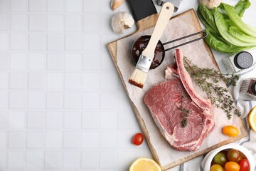 Flat lay composition with raw meat, thyme and marinade on white tiled table. Space for text