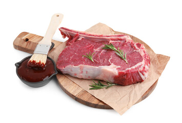 Board with raw meat, rosemary and marinade isolated on white