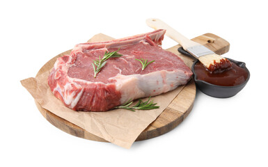 Board with raw meat, rosemary and marinade isolated on white