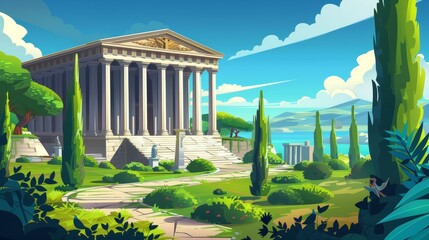 An ancient Greek or Roman temple building with columns and pediments, in the summer. Modern cartoon illustration with pillars and roads through the lake, showing a summer landscape with an antique - obrazy, fototapety, plakaty
