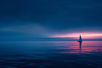 Nautical twilight with a lone yacht, a beacon of solitude in the vast marine expanse