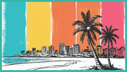 The spectrum rainbow color a monochrome sketch depicts a city beach with buildings and coconut trees a perfect design