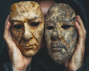 Person swapping between two weathered theatrical masks, a play on identity